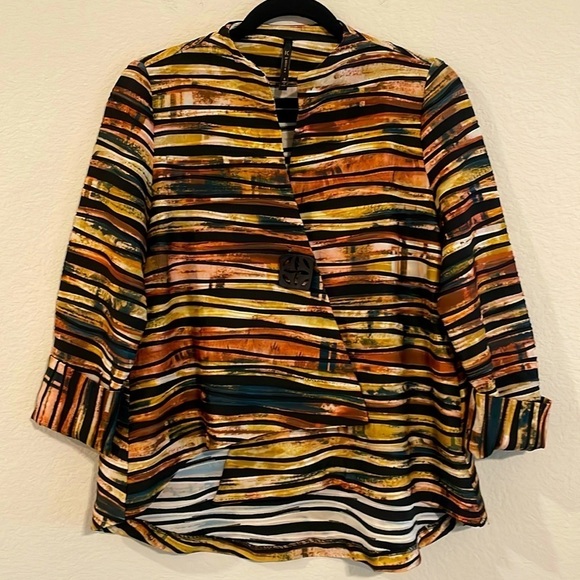 IC by Connie K Women's Jacket Small Orange & Black Abstract Lagenlook Bohemian - Picture 1 of 15